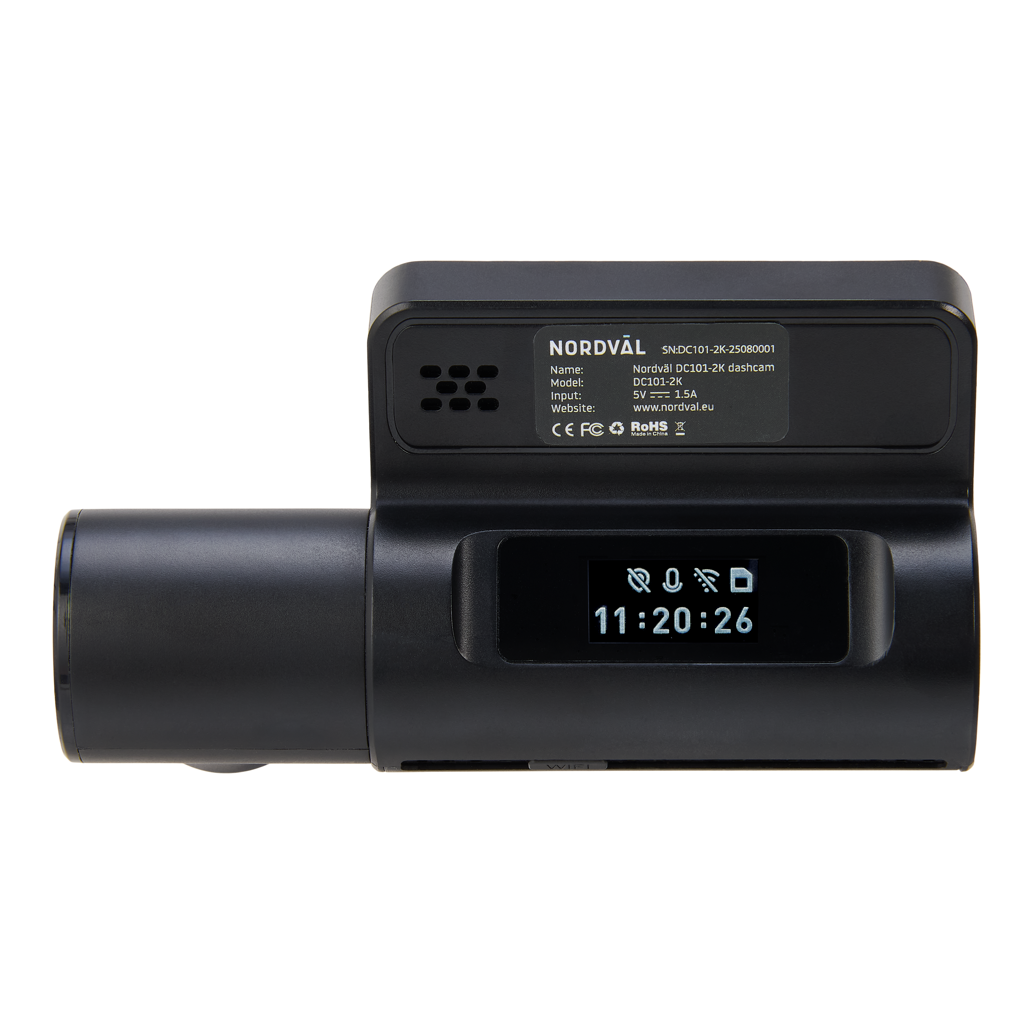 Black Nordväl dashcam with a display showing time. The device has a cylindrical body and a screen.