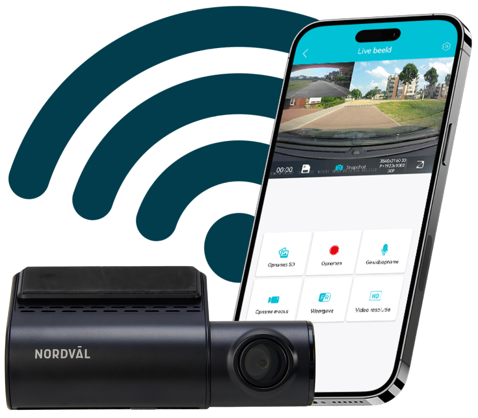 Dashcam with smartphone displaying live view of road. Wi-fi symbol in the background. Dashcam is black, phone is white.