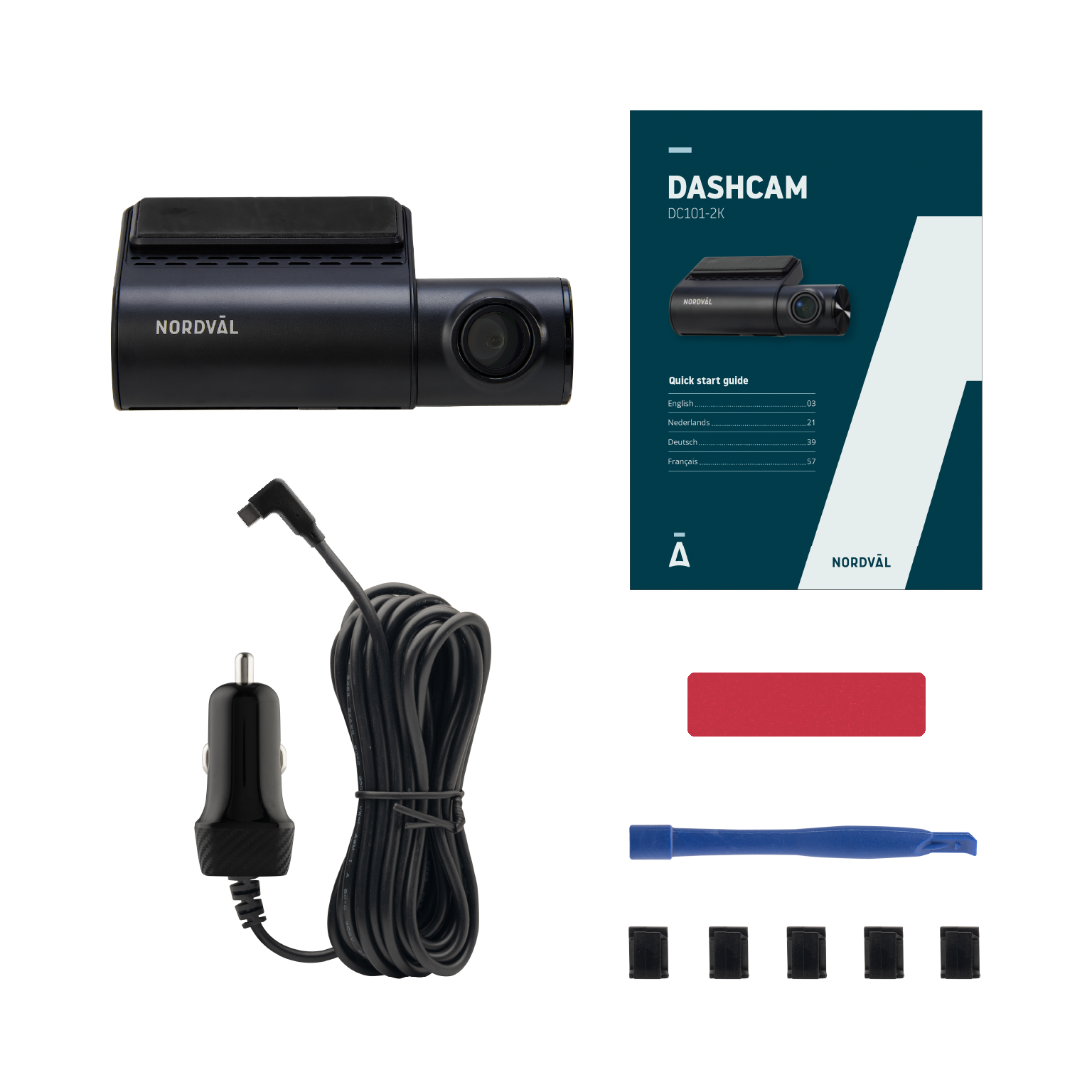 A dashcam, charger, and accessories are displayed. A quick start guide is also present. The dashcam is black, the guide is blue and white.