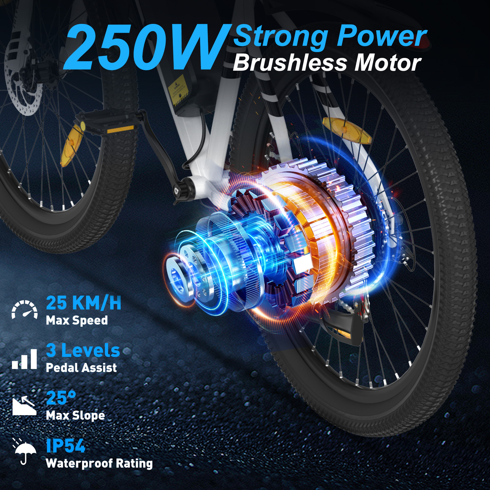 Rower elektryczny przedstawia silnik i specyfikacje: 250W, prędkość 25km/h, 3 poziomy wspomagania pedałowania, nachylenie 25° i stopień wodoodporności IP54.