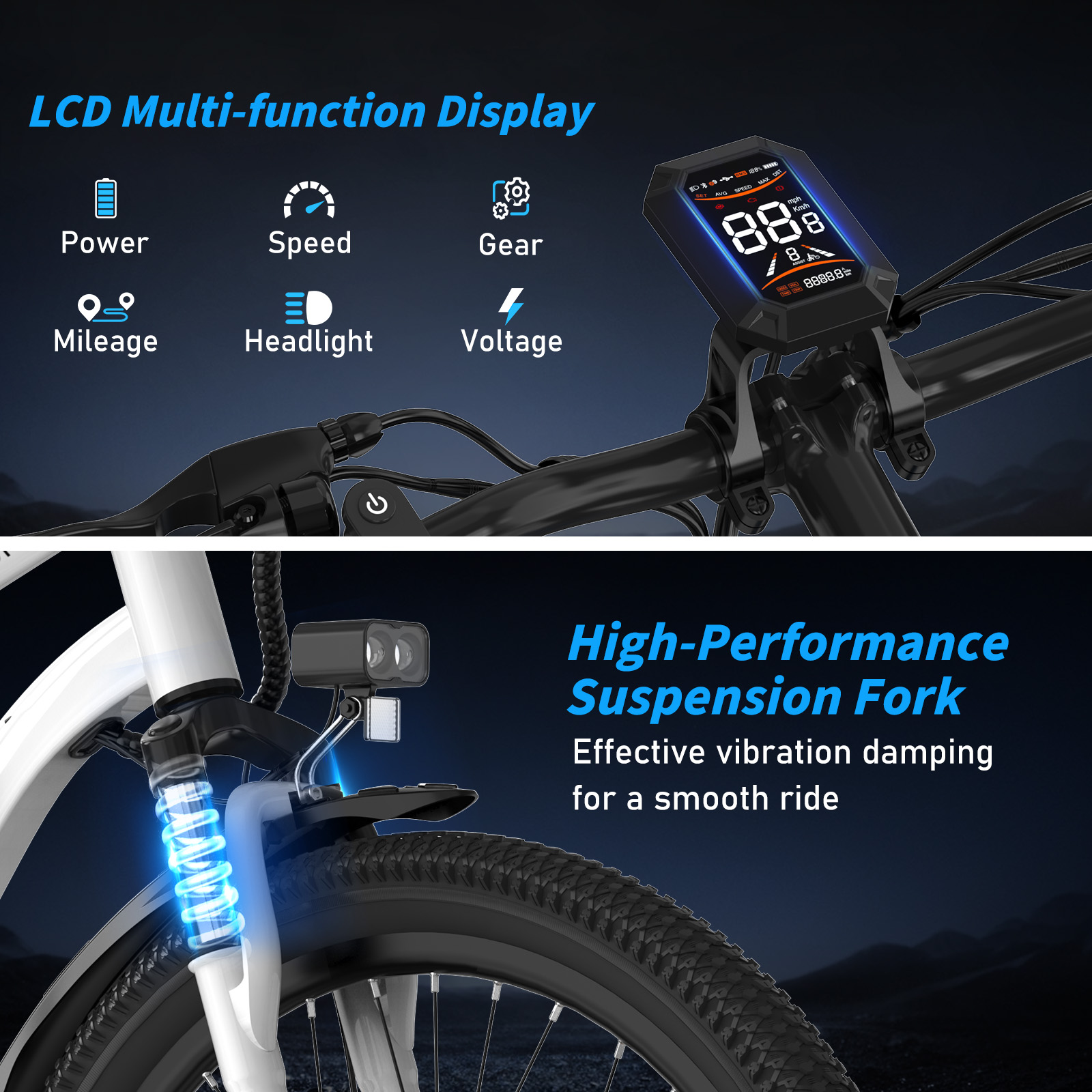 Wyświetlacz roweru elektrycznego pokazuje prędkość, bieg i baterię. Widoczny jest również przedni widelec i reflektor.