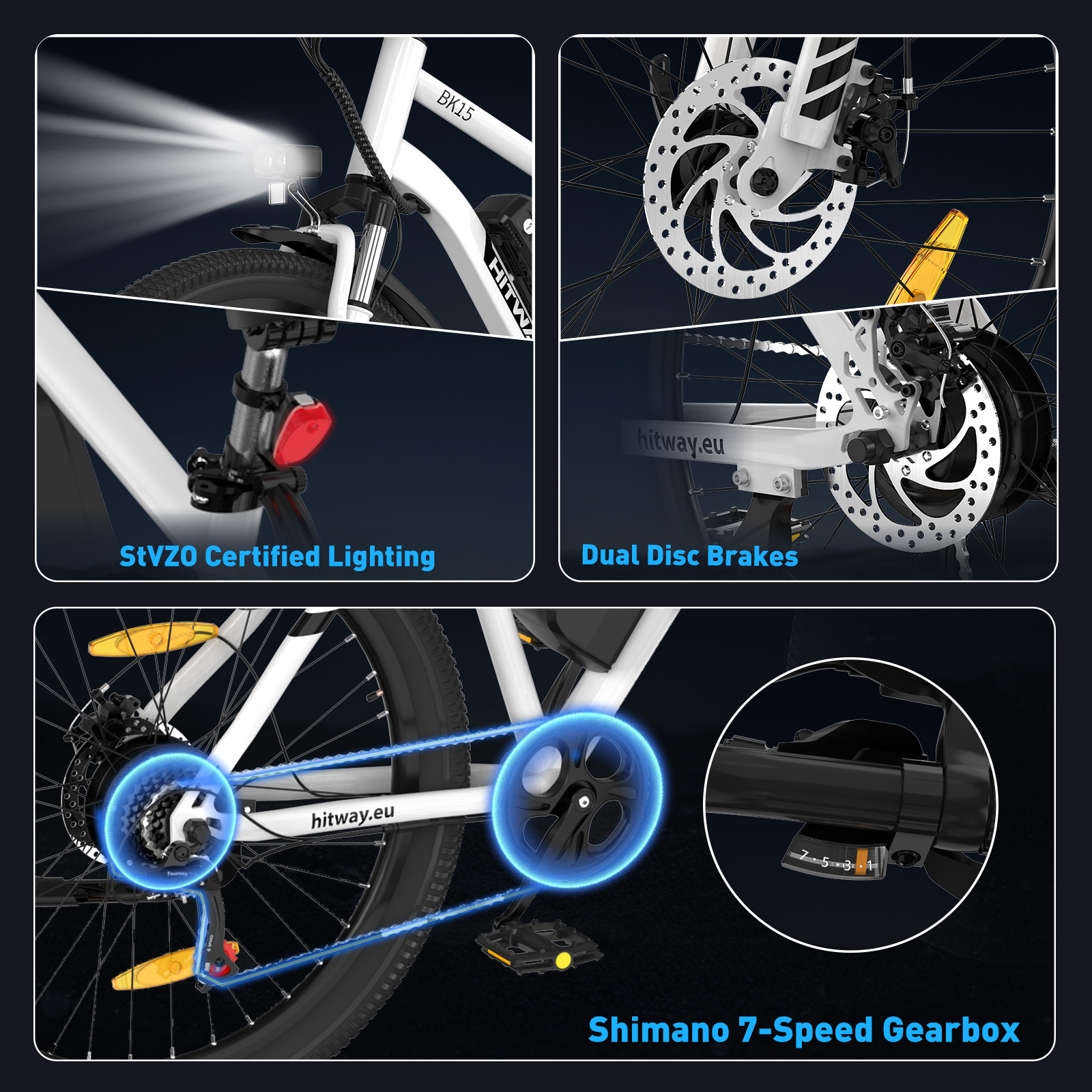 Rower elektryczny z białą ramą. Zawiera światła, hamulce tarczowe, 7-biegową skrzynię biegów. Szczegóły wyróżnione.