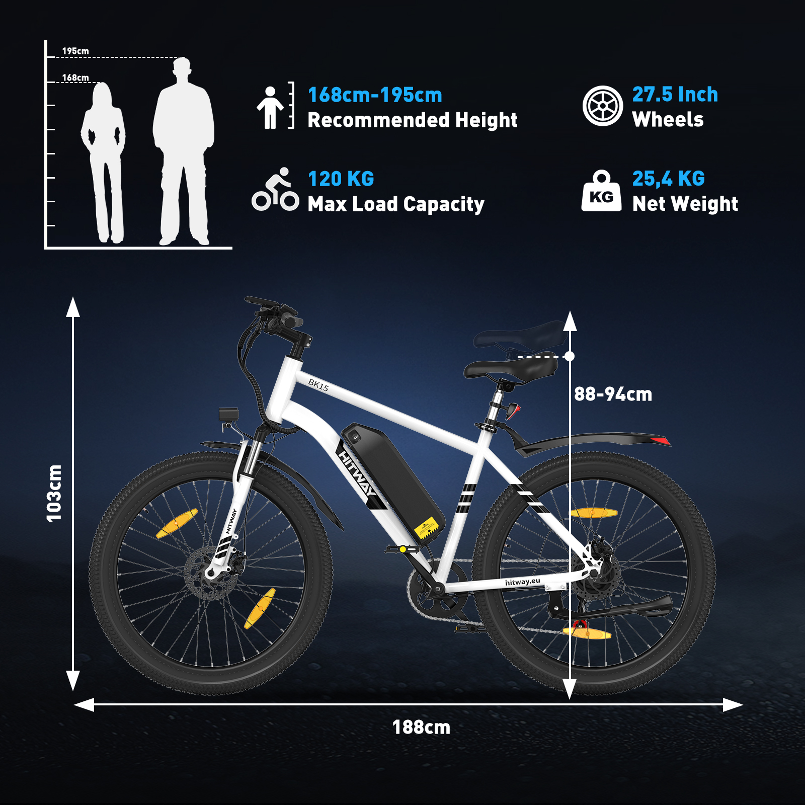 Biały e-bike HITWAY, wymiary i specyfikacje szczegółowe z figurami i grafiką, ciemnoniebieskie tło.