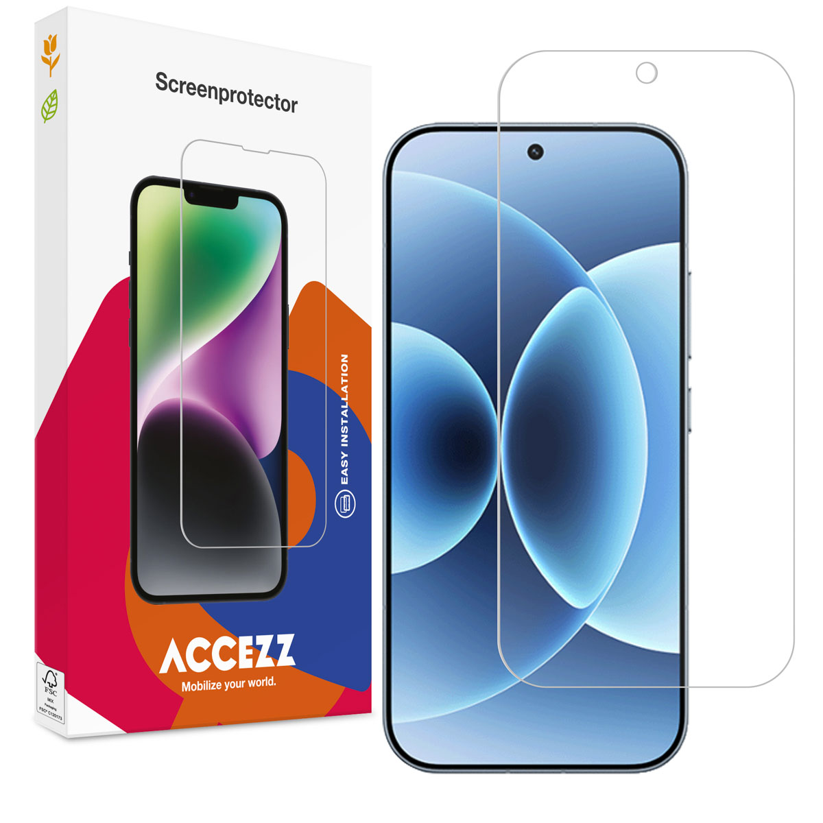Une boîte de protection d'écran de téléphone avec un téléphone et un protecteur. Le téléphone affiche un design bleu et blanc. La boîte a le texte ACCEZZ.