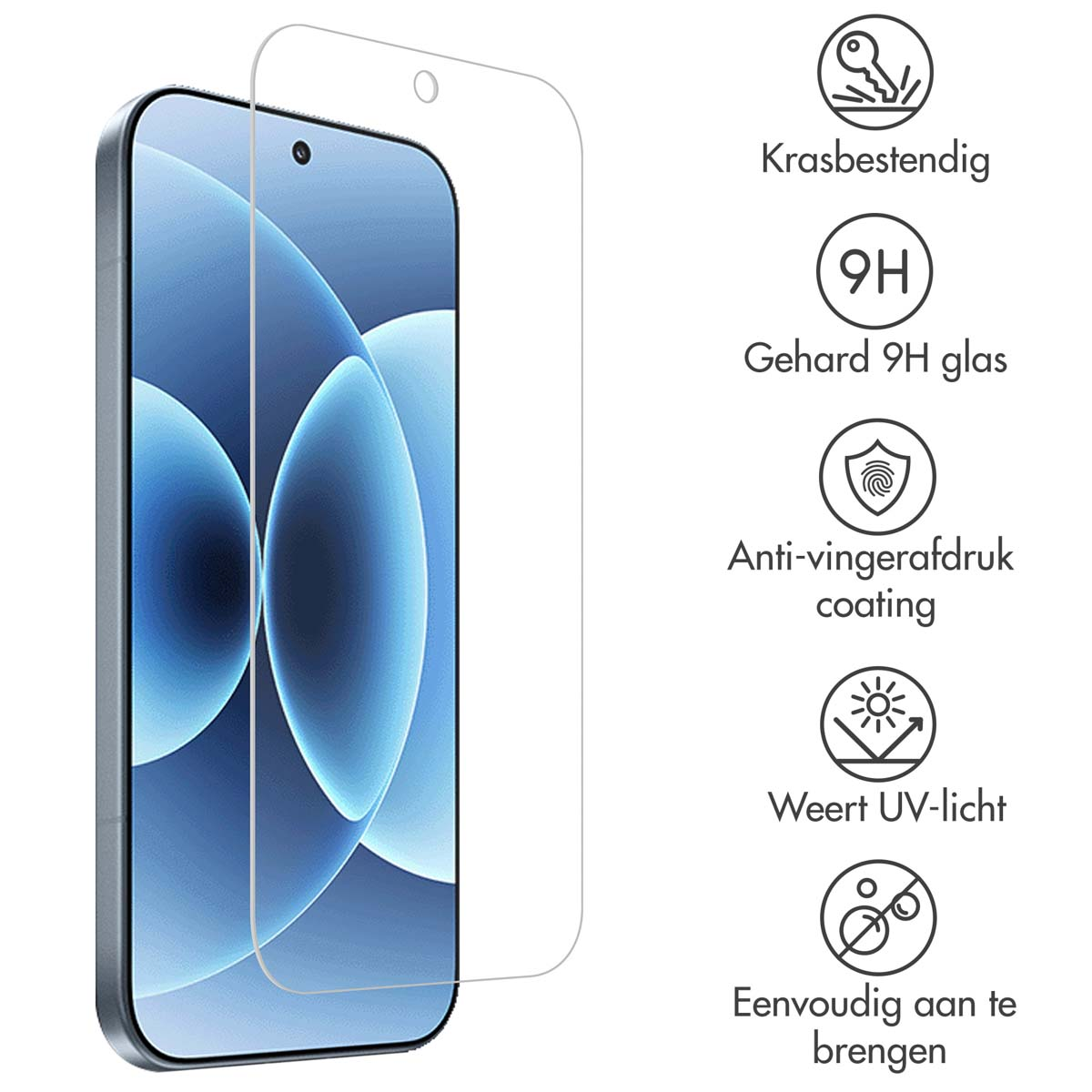 Un téléphone avec un protecteur d'écran et des icônes montrant la résistance aux rayures, la dureté, un revêtement anti-traces, une protection UV et une application facile.