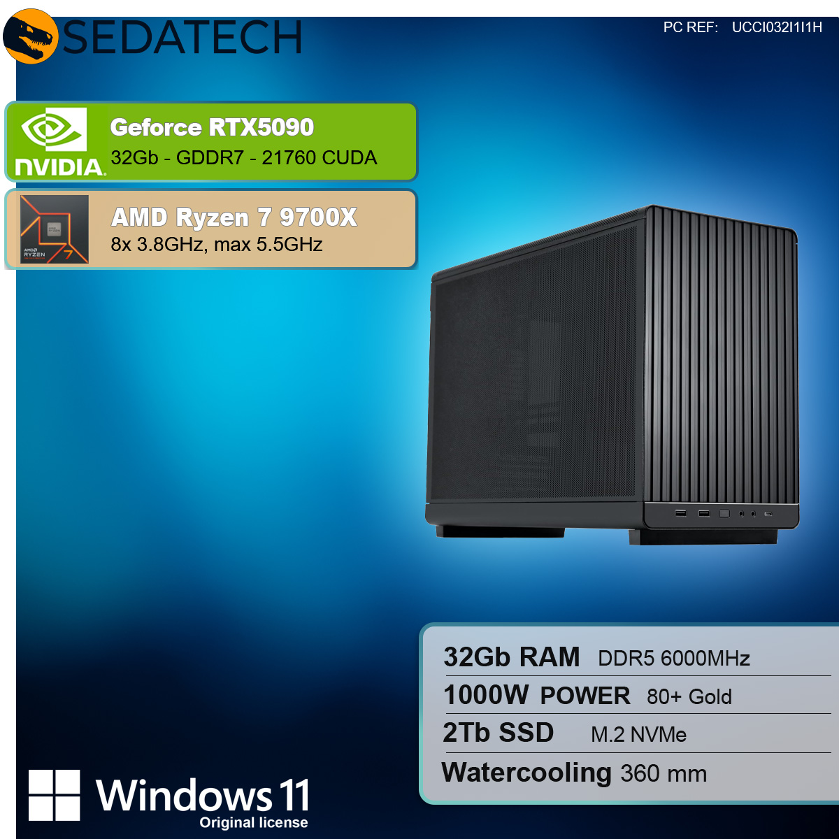 Un case per computer nero con specifiche: RTX5090, Ryzen 7 9700X, 32GB RAM, 2TB SSD e Windows 11. Sfondo sfumato blu.