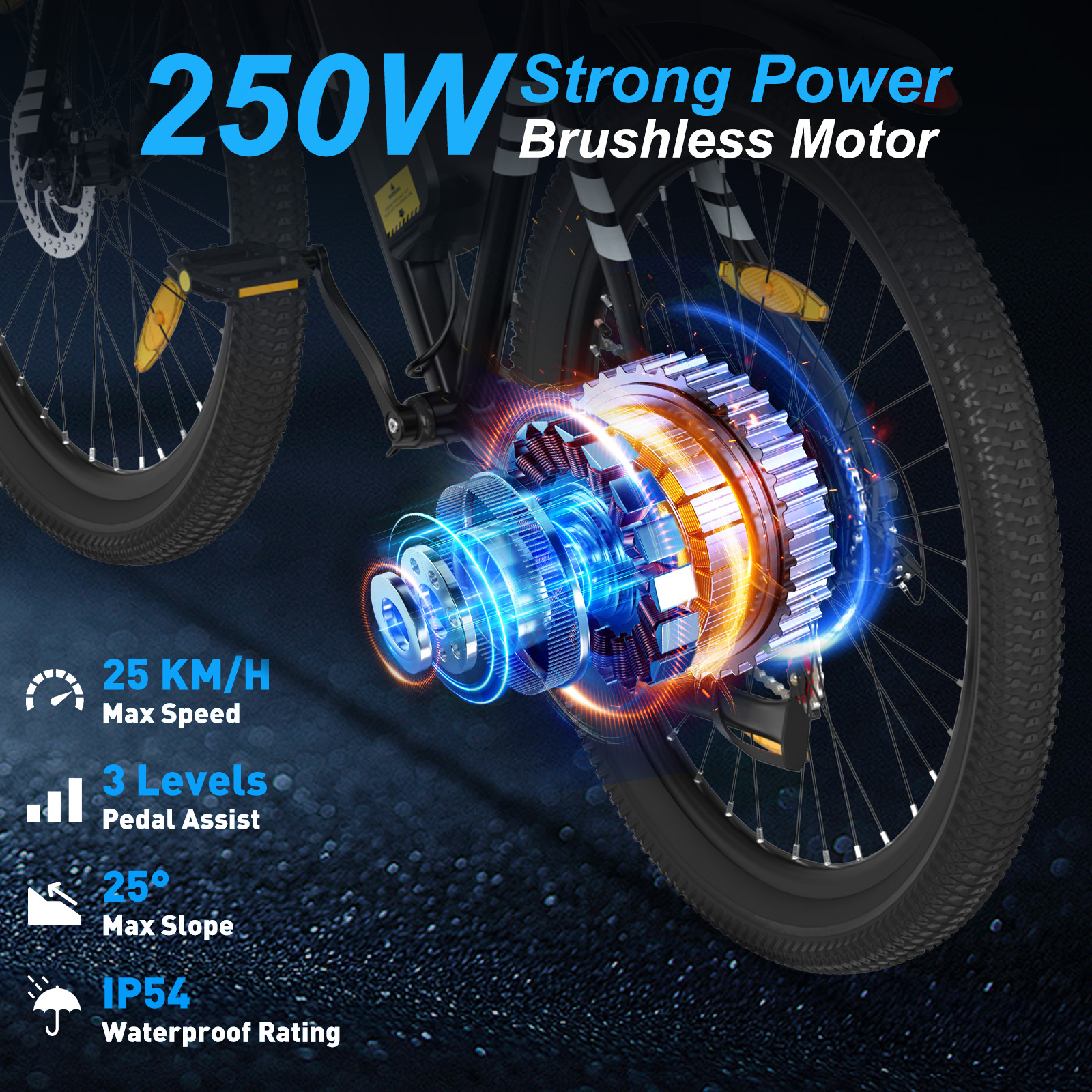 Wyświetlany jest rower elektryczny z świecącym silnikiem. Specyfikacje obejmują 250W, prędkość 25km/h, 3 poziomy wspomagania i klasę IP54.