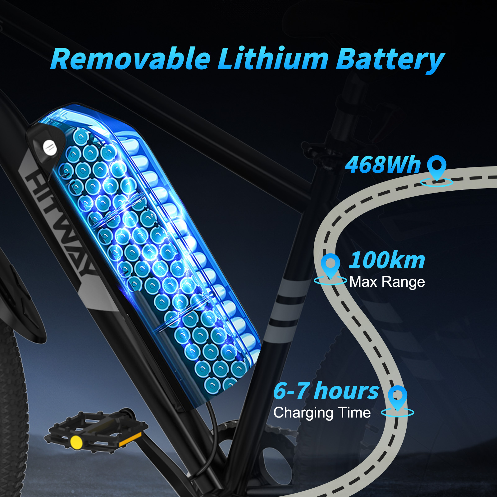 Rower elektryczny z wyjmowaną baterią litową, 468 Wh, 100 km zasięgu max, i 6-7 godzin ładowania. Bateria jest niebieska.