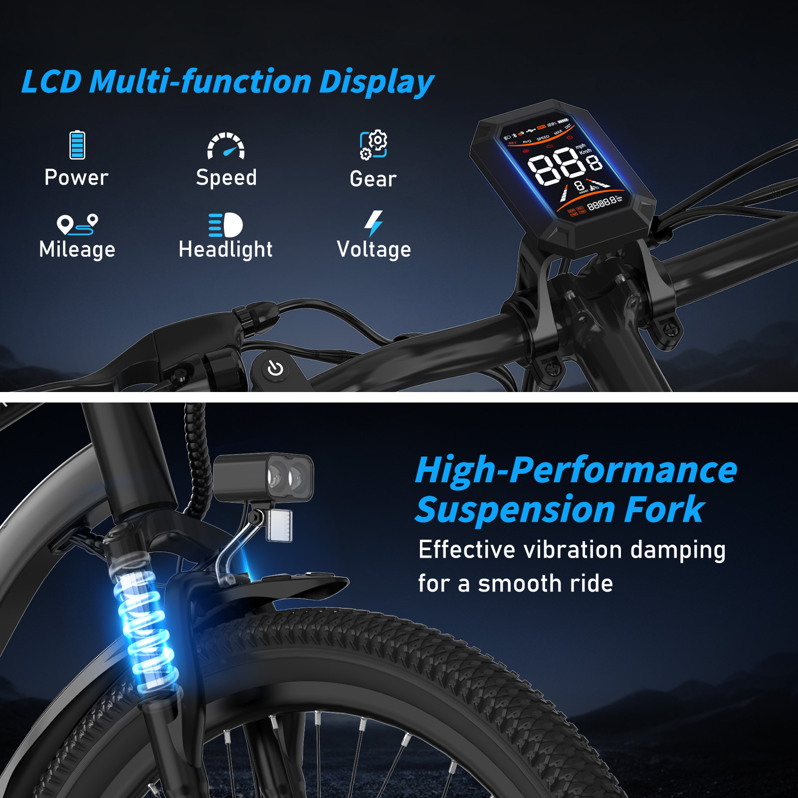 Rower elektryczny z wyświetlaczem LCD pokazującym prędkość, bieg i baterię. Przednie koło pokazuje zawieszenie i reflektor.