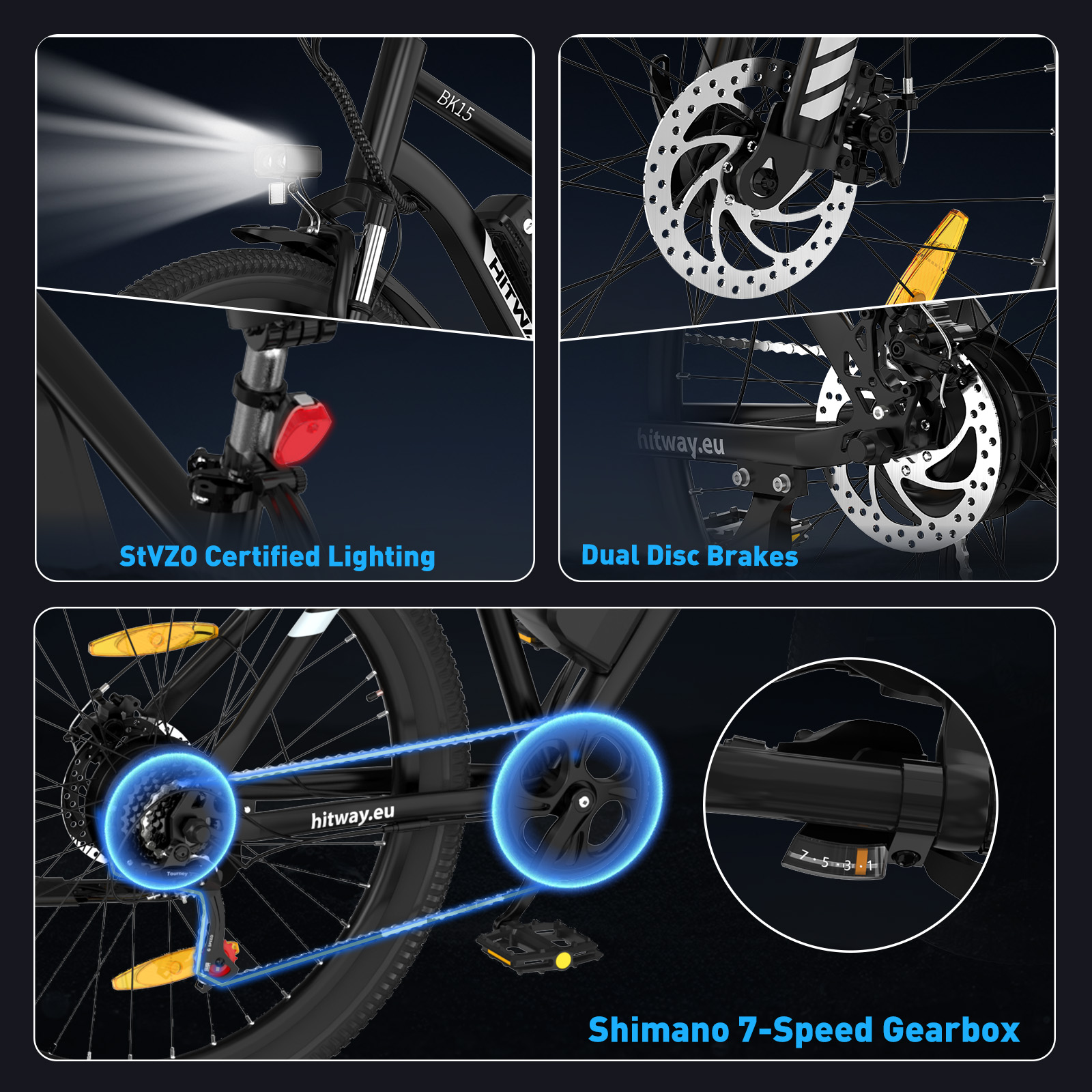 Zdjęcie przedstawia czarny rower ze szczegółami oświetlenia, hamulców tarczowych i 7-biegowej skrzyni biegów Shimano.