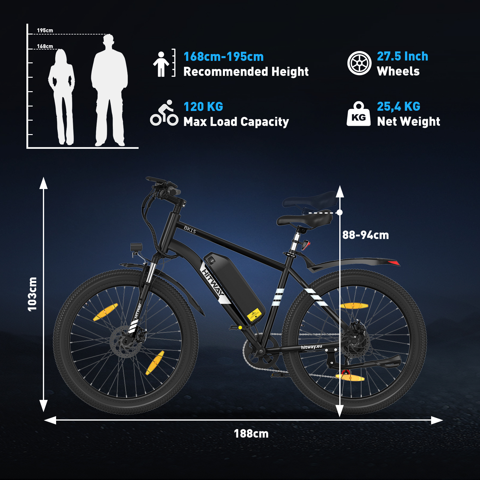 Czarny rower elektryczny HITWAY, wymiary i specyfikacje. Zawiera zalecaną wysokość, max. obciążenie, wagę netto i rozmiar kół.