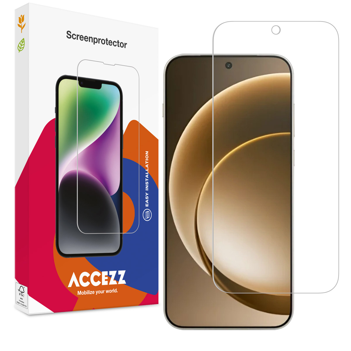 Un telefono e una protezione per lo schermo sono visualizzati. Il telefono è al centro, con una protezione sovrapposta. Una scatola è a sinistra.