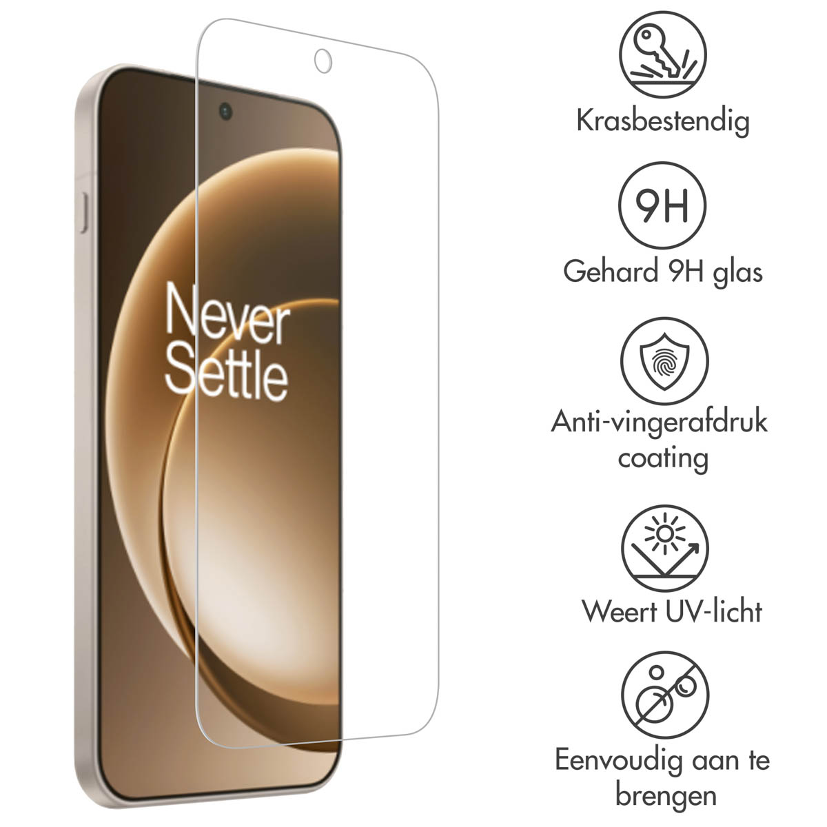 Un telefono con protezione schermo. Testo a destra: antigraffio, vetro 9H, rivestimento anti-impronte, protezione UV, facile da applicare.