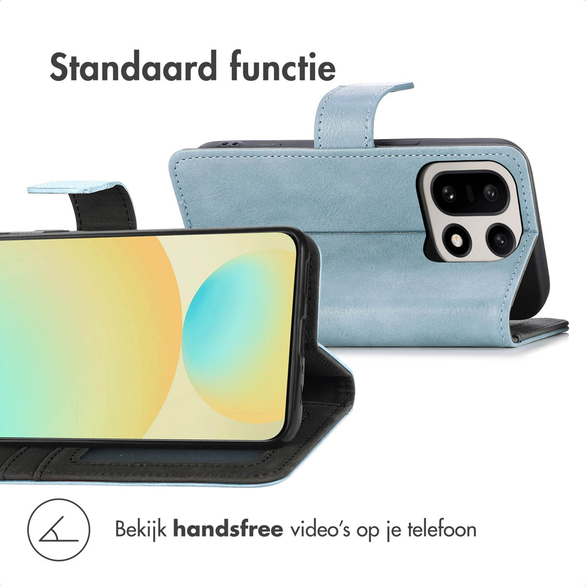 Een telefoon in een blauwe hoes wordt getoond, het scherm toont een gele en groene gradiënt. Tekst luidt 'Standaard functie' en 'Bekijk handsfree video's op je telefoon'.