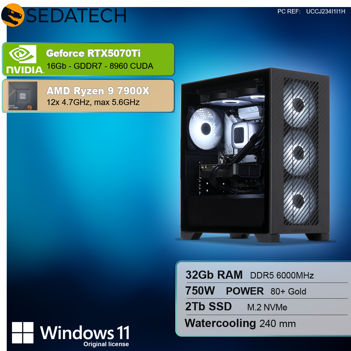 Viene visualizzato un case per computer con componenti interni. Il testo descrive le specifiche: RTX5070Ti, Ryzen 9 7900X, 32 GB di RAM, alimentazione da 750 W e Windows 11.