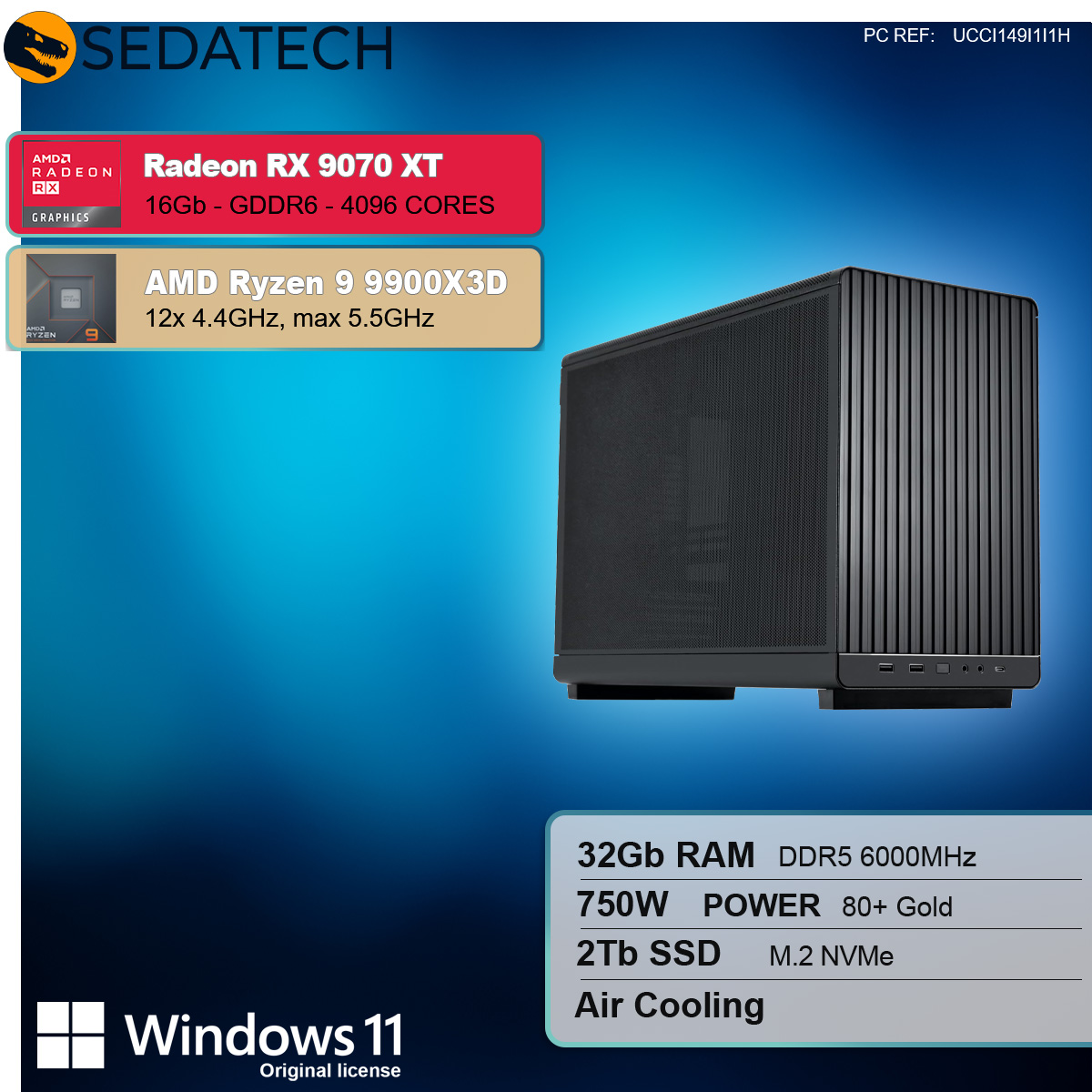 Un case per computer nero, con specifiche Radeon RX 9070 XT e Ryzen 9 9900X3D. Logo di Windows 11 in basso.