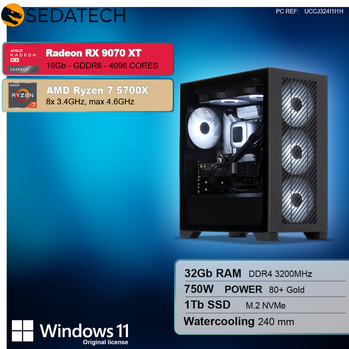 Un case per computer con ventole illuminate. Specifiche: Radeon RX 9070 XT, Ryzen 7 5700X, 32GB RAM, 1TB SSD e Windows 11.