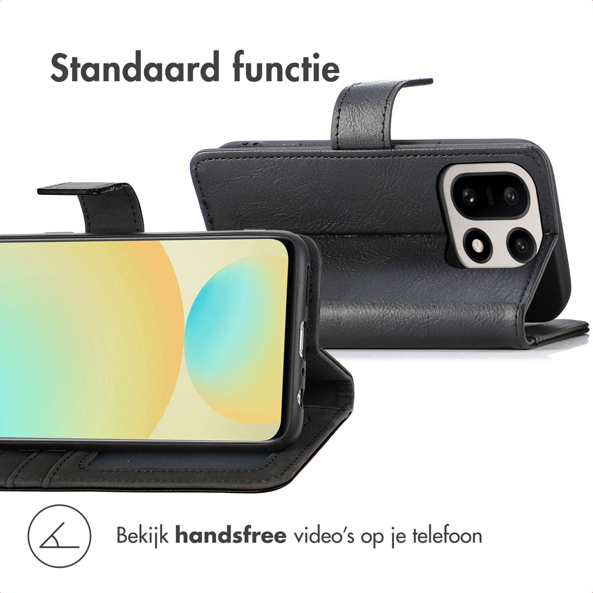 Een zwarte telefoonhoes met een telefoon erin. De telefoon toont een gele en witte gradiënt. Tekst: Standaard functie en Bekijk handsfree video's.