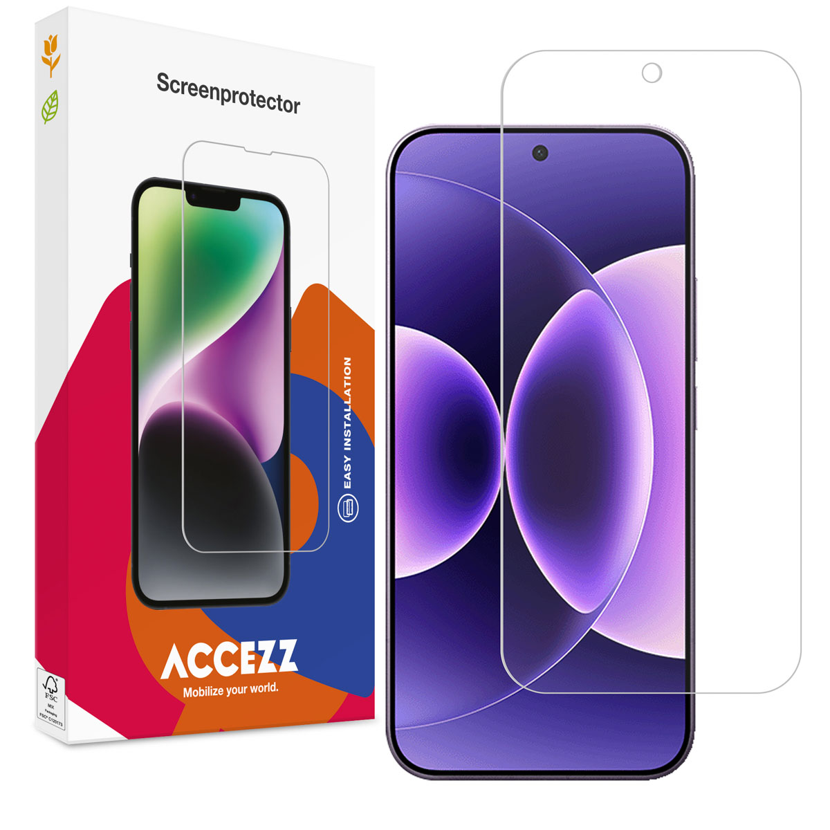 Vengono mostrati un telefono e una protezione per lo schermo. Il telefono è viola. La protezione per lo schermo è trasparente. La confezione è bianca e rossa.