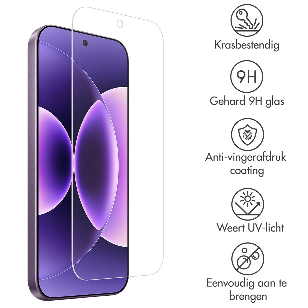 Un telefono con protezione schermo. Le icone descrivono le caratteristiche: antigraffio, vetro 9H, anti-impronte, protezione UV, facile applicazione.