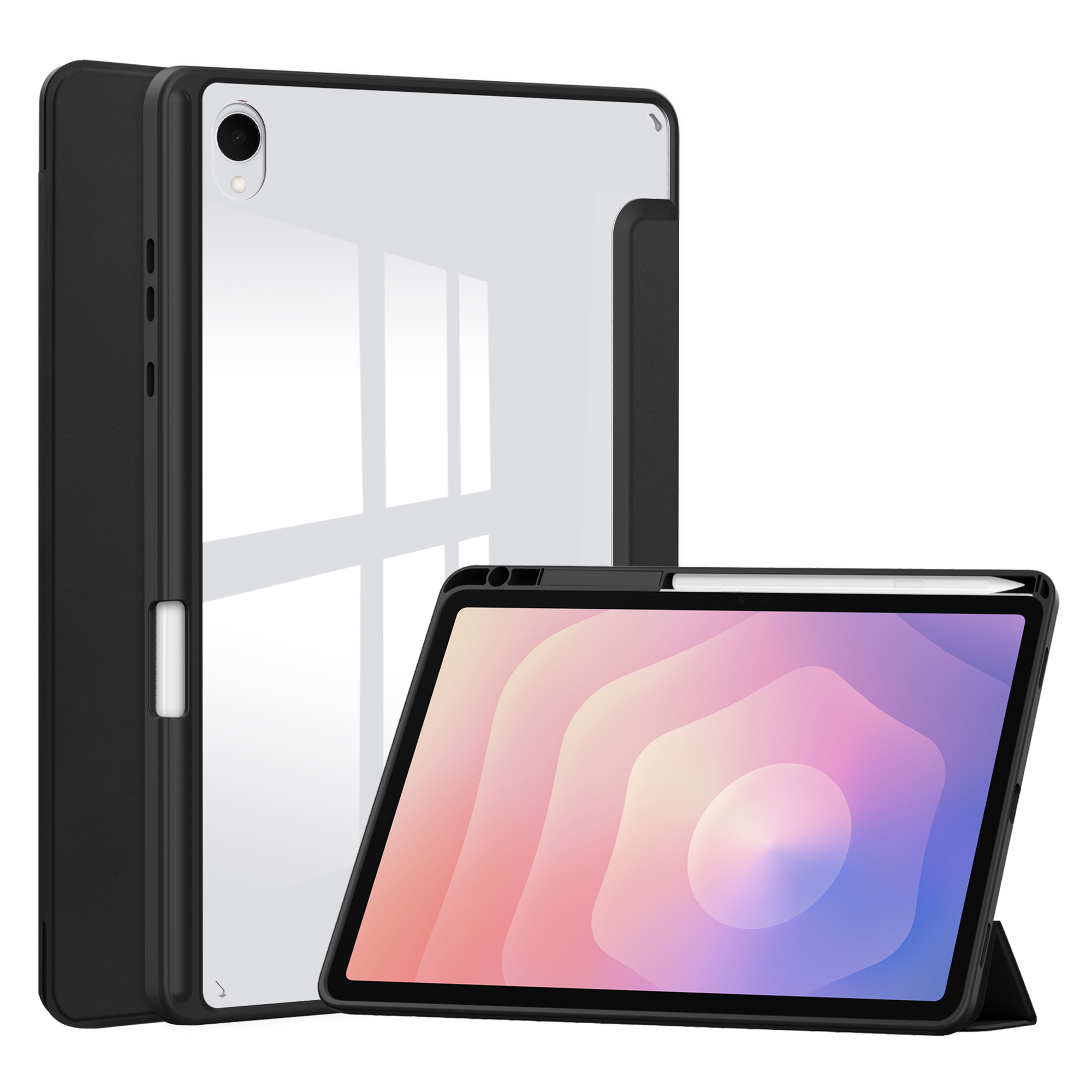 Deux tablettes dans des étuis. L'une verticale, l'autre inclinée, affichant un écran coloré en dégradé. Stylet sur la tablette inclinée.