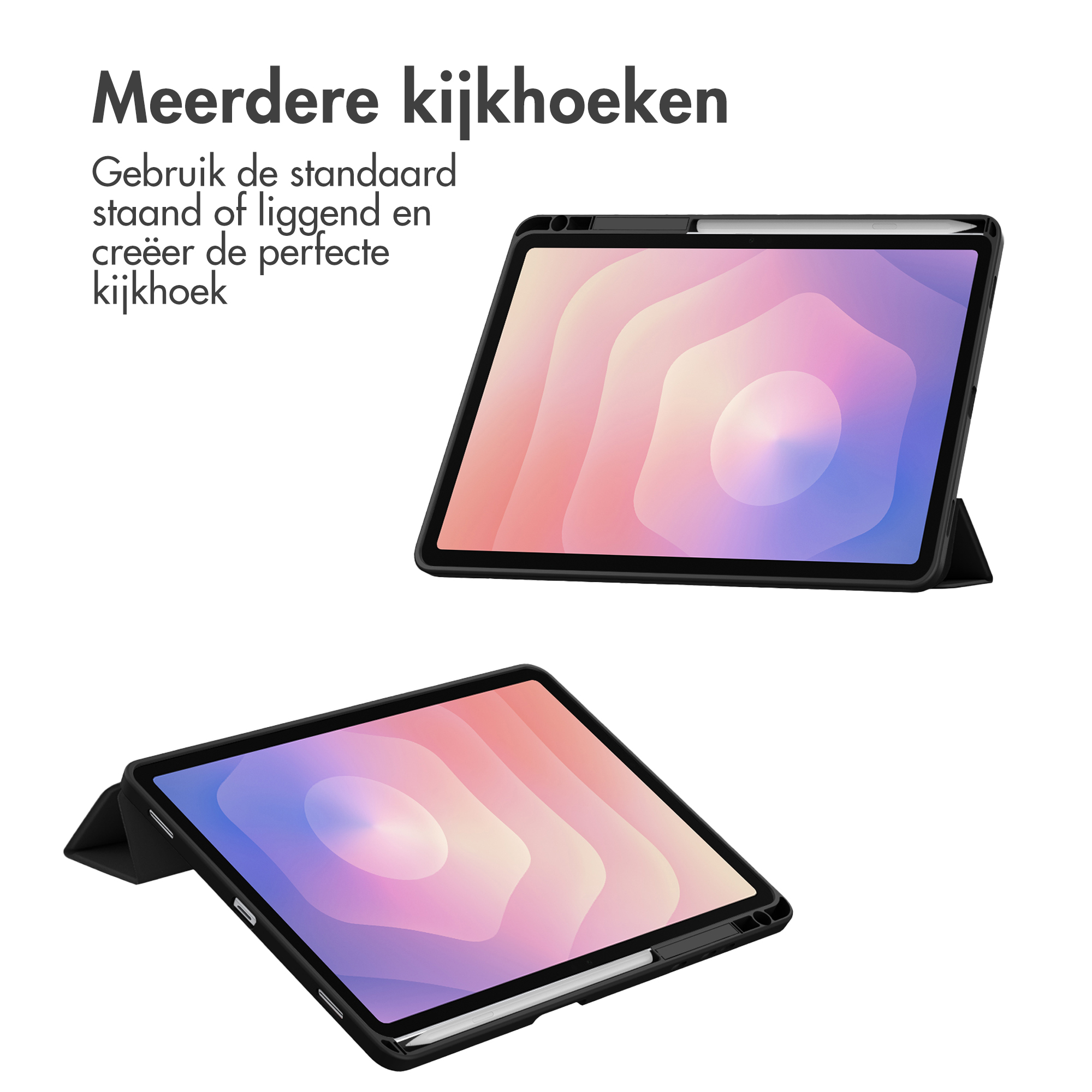 Deux tablettes avec écrans colorés et étuis noirs. L'une est verticale, l'autre inclinée. Fond blanc.