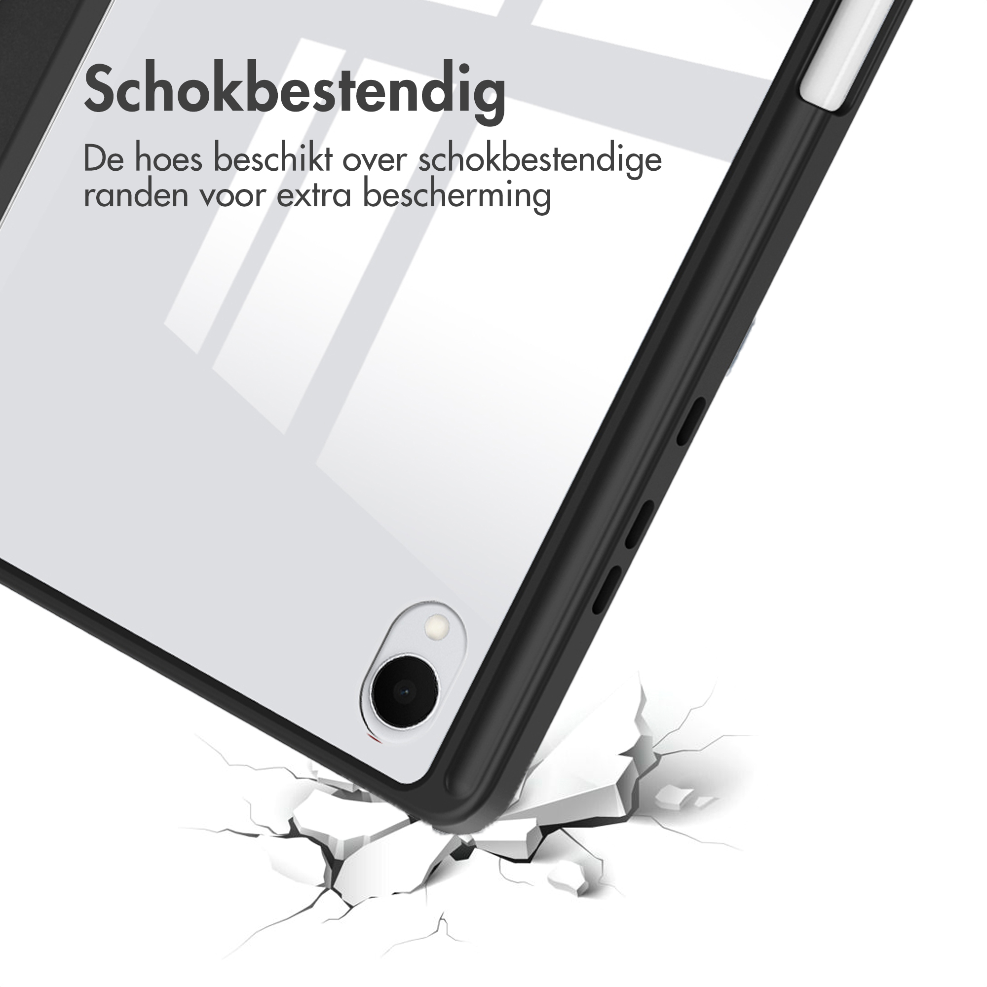 Tablette dans un étui noir, surface fissurée. Texte : Antichoc. Étui avec bords résistants aux chocs pour protection.