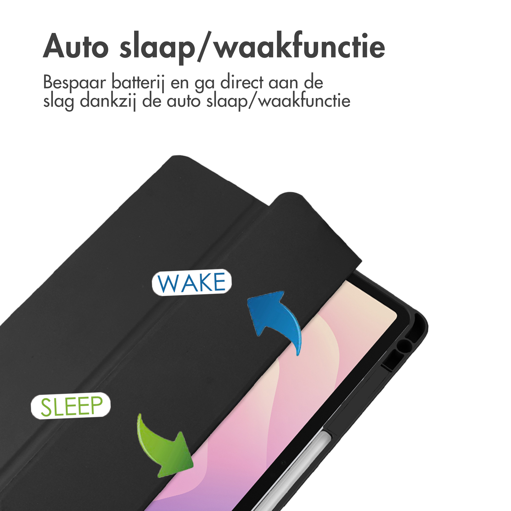 Étui de tablette noir avec étiquettes 'SLEEP' et 'WAKE'. Flèches indiquent les fonctions veille et réveil. Texte en haut.