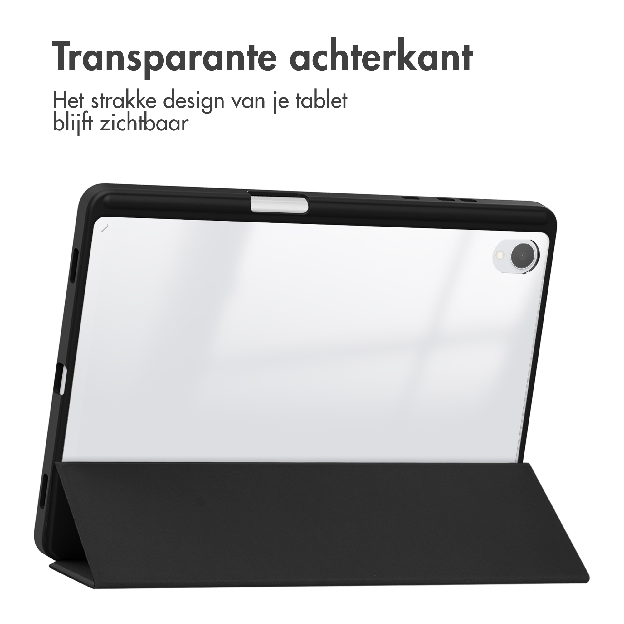 Tablette dans un étui noir, montrant un dos transparent. Texte en haut : Dos transparent. Design de votre tablette visible.