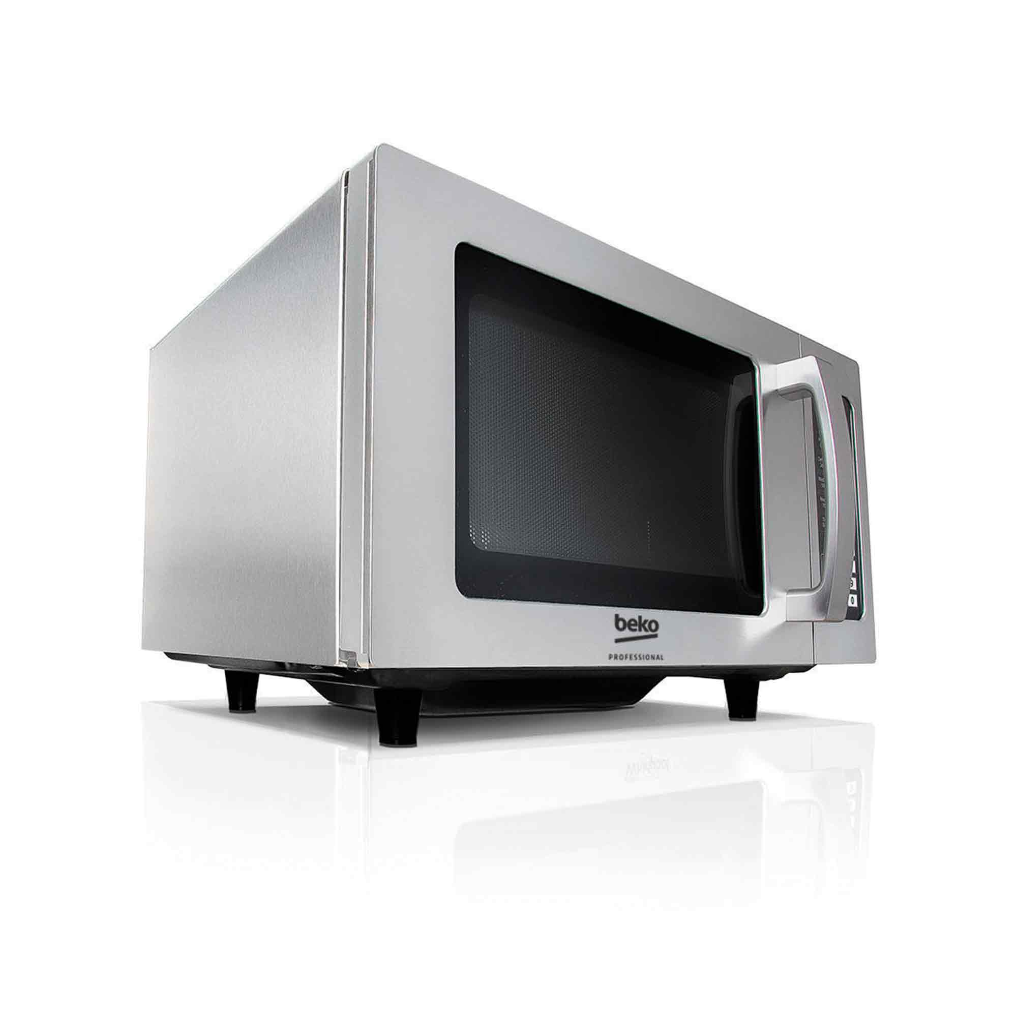 Ein silberner Beko Professional Mikrowellenherd auf einer weißen Oberfläche. Er hat einen Griff und ein Digitaldisplay.