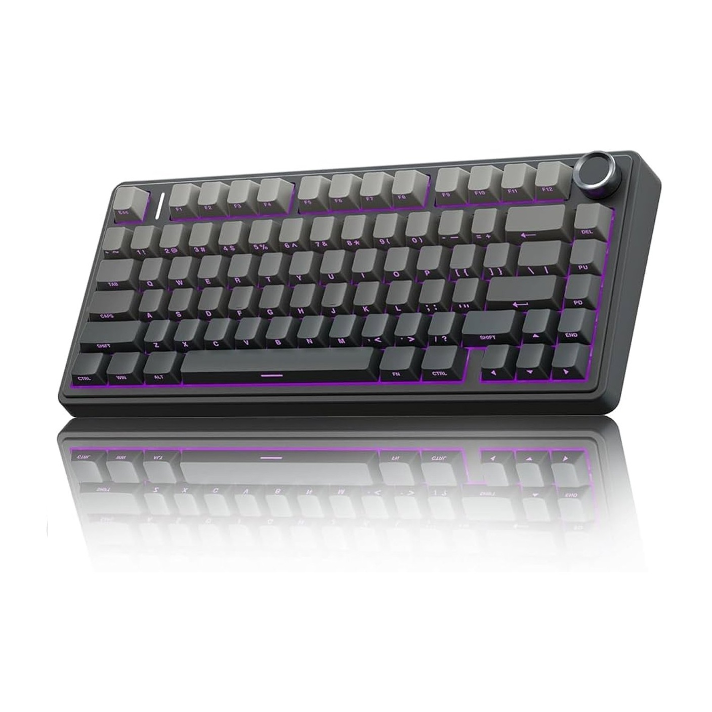 Eine dunkelgraue mechanische Tastatur mit hellviolettem Untergrund. Die Tasten sind grau mit weißer Beschriftung. Oben rechts befindet sich ein silberner Knopf.
