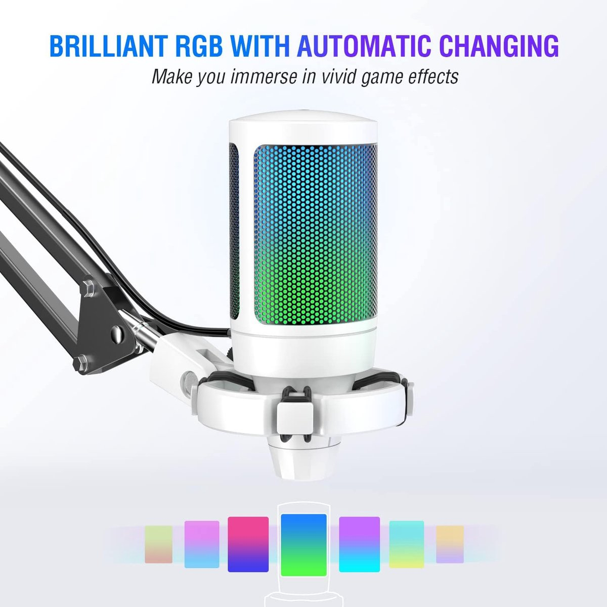 Een witte microfoon met RGB-verlichting, ondersteund door een zwarte arm. Tekst luidt: 'Briljante RGB met automatische verandering'.
