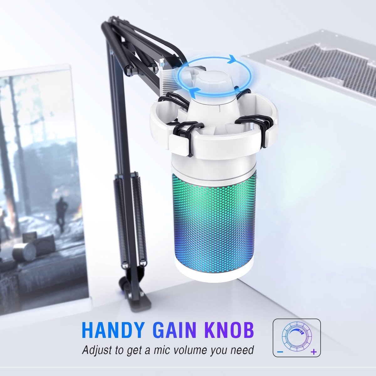Een microfoon met een witte kop, een kleurrijk lichaam en een zwarte arm. De tekst luidt 'Handy Gain Knob' met een volumeregelingspictogram.