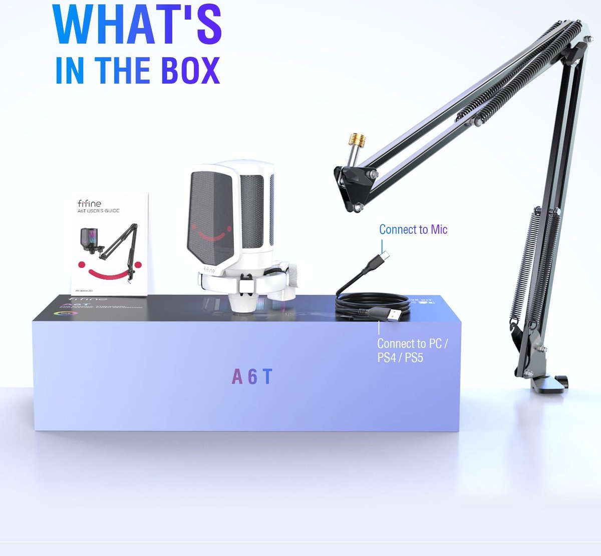 Een witte microfoon, een arm en een doos met het label 'A6T' worden getoond. Een kabel verbindt de microfoon en PC/PS4/PS5.