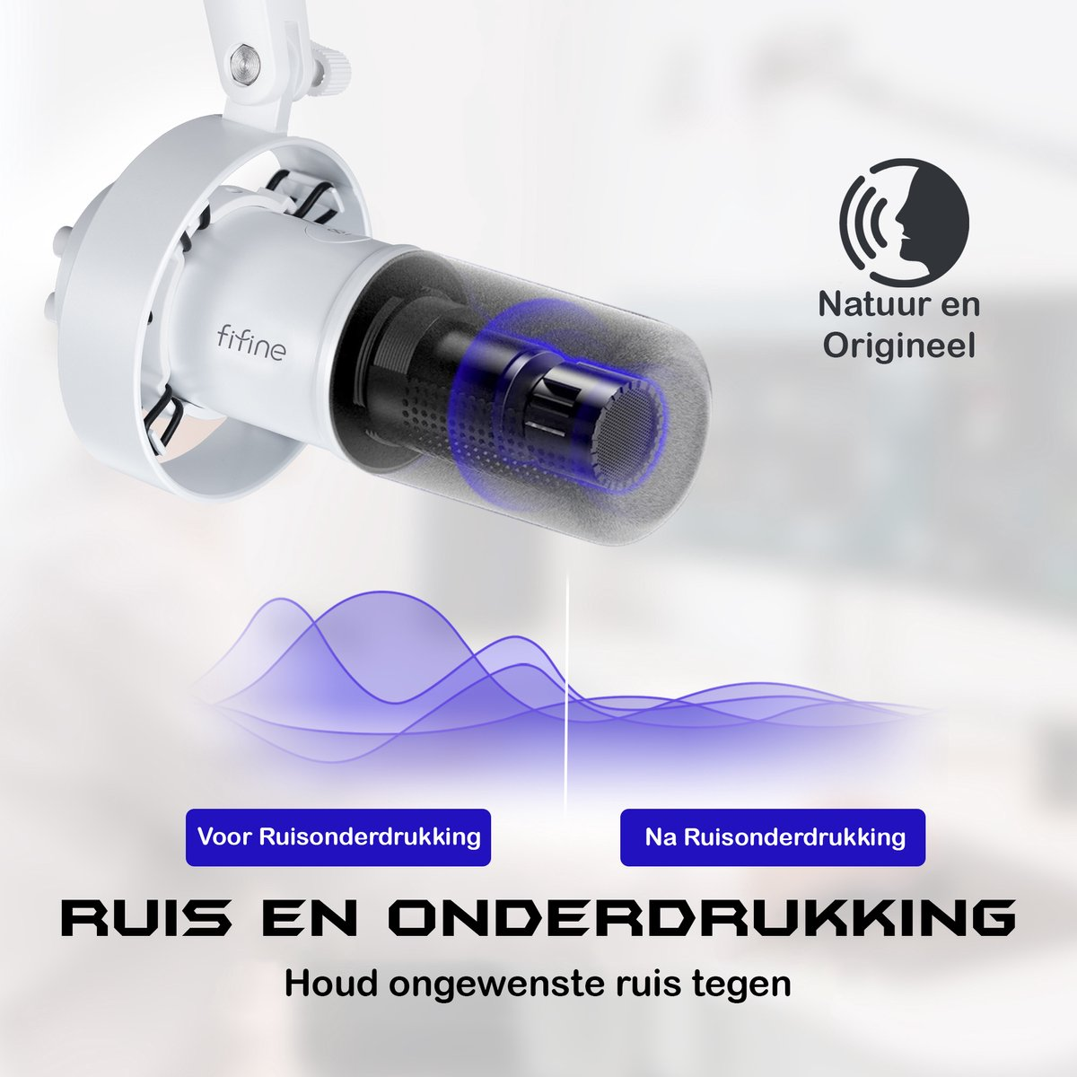 Een witte Fifine microfoon met ruisonderdrukkingsfuncties, weergegeven met tekst en een geluidsgolfafbeelding.