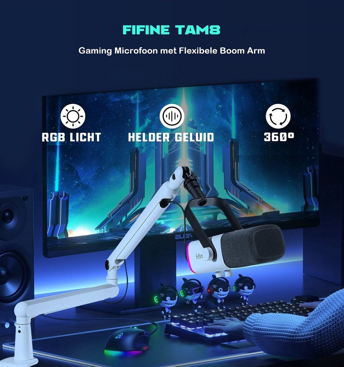 Une configuration de jeu montre un microphone sur un bras articulé, un moniteur affichant un jeu et un clavier avec une souris.