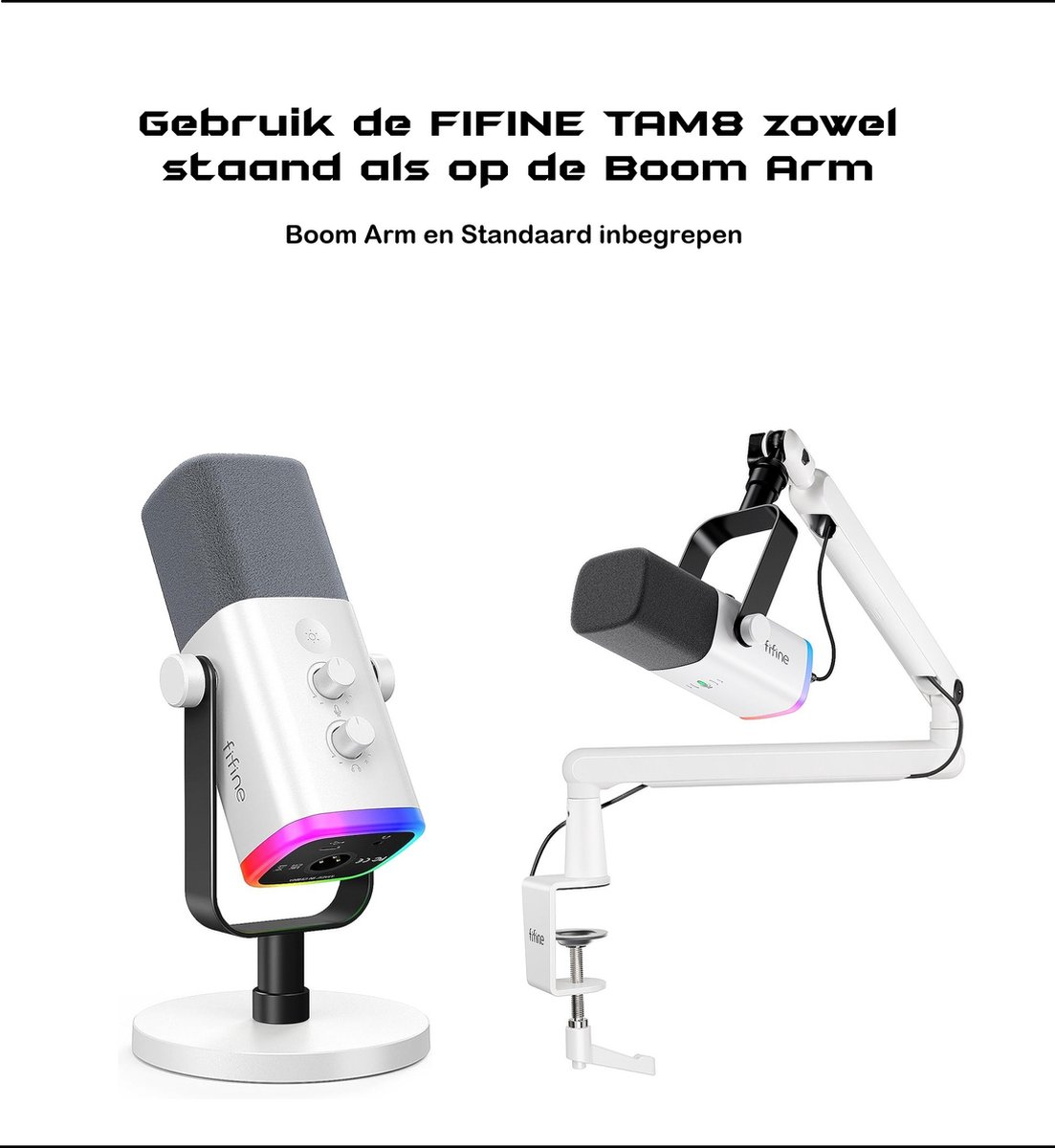L'image montre un microphone FIFINE TAM8 sur un support et un bras articulé. Les deux sont blancs et ont des lumières LED changeantes.