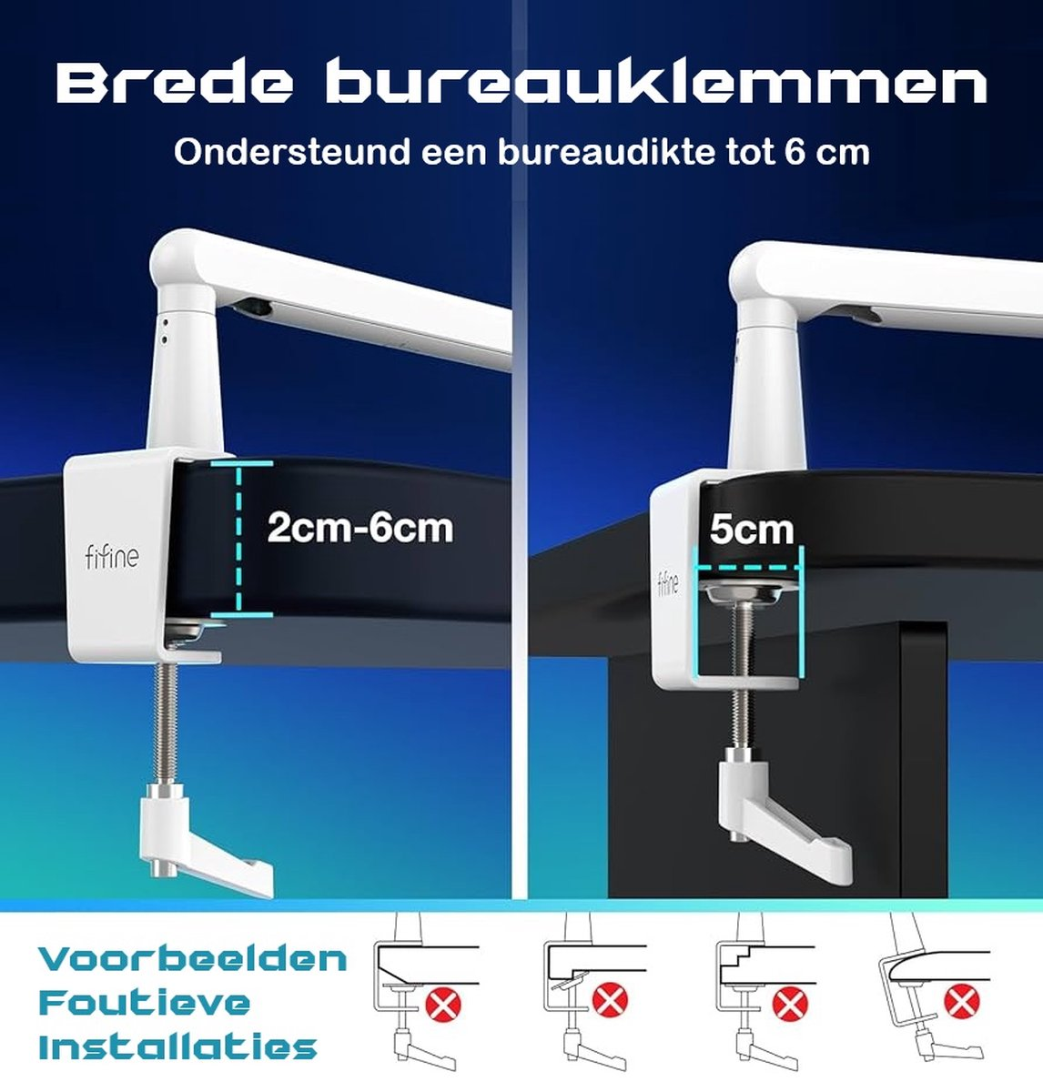L'image montre une pince de bureau avec des mesures. La pince supporte une épaisseur de bureau allant jusqu'à 6 cm. Des exemples d'installations incorrectes sont montrés ci-dessous.