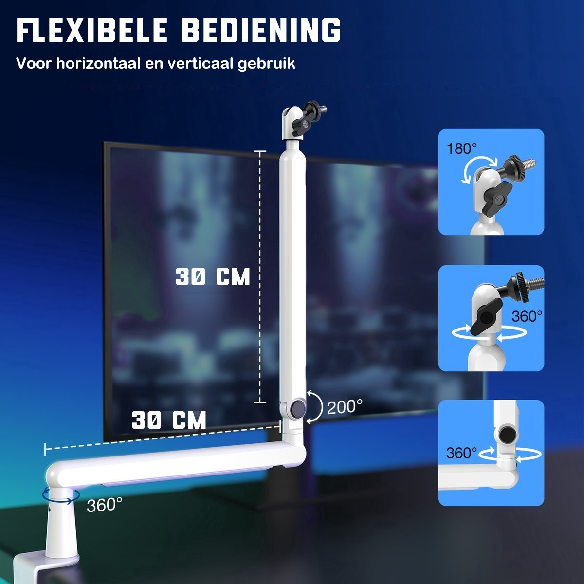 Un bras de moniteur blanc avec une rotation à 360 et 200 degrés, avec un moniteur sur fond sombre. Le texte indique 'FLEXIBELE BEDIENING'.