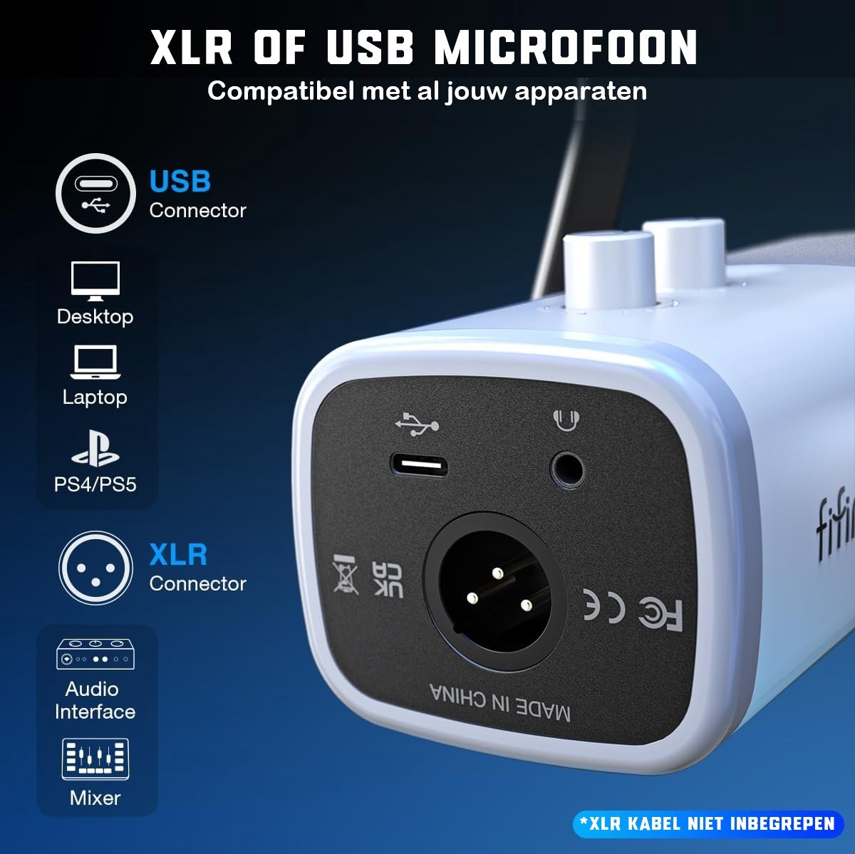 Un microphone USB blanc avec plusieurs ports. Le texte indique la compatibilité avec divers appareils. Connecteur XLR, USB et interface audio.