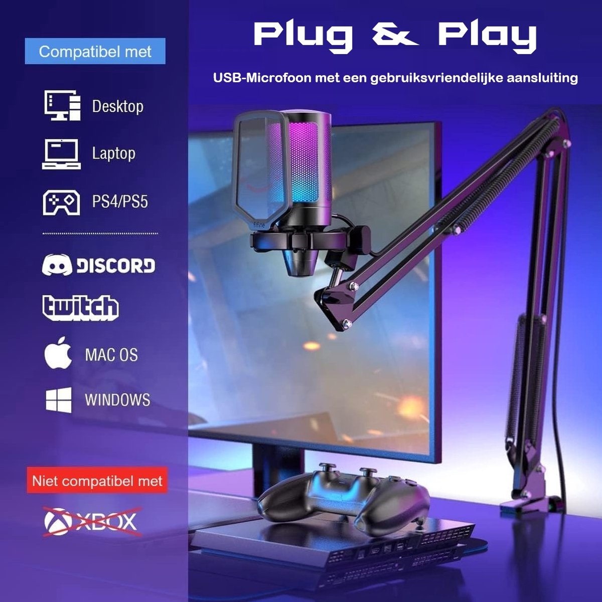Een microfoon met een popfilter is op een standaard gemonteerd. Een monitor en een gamecontroller staan op het bureau. Tekst geeft compatibiliteit aan.