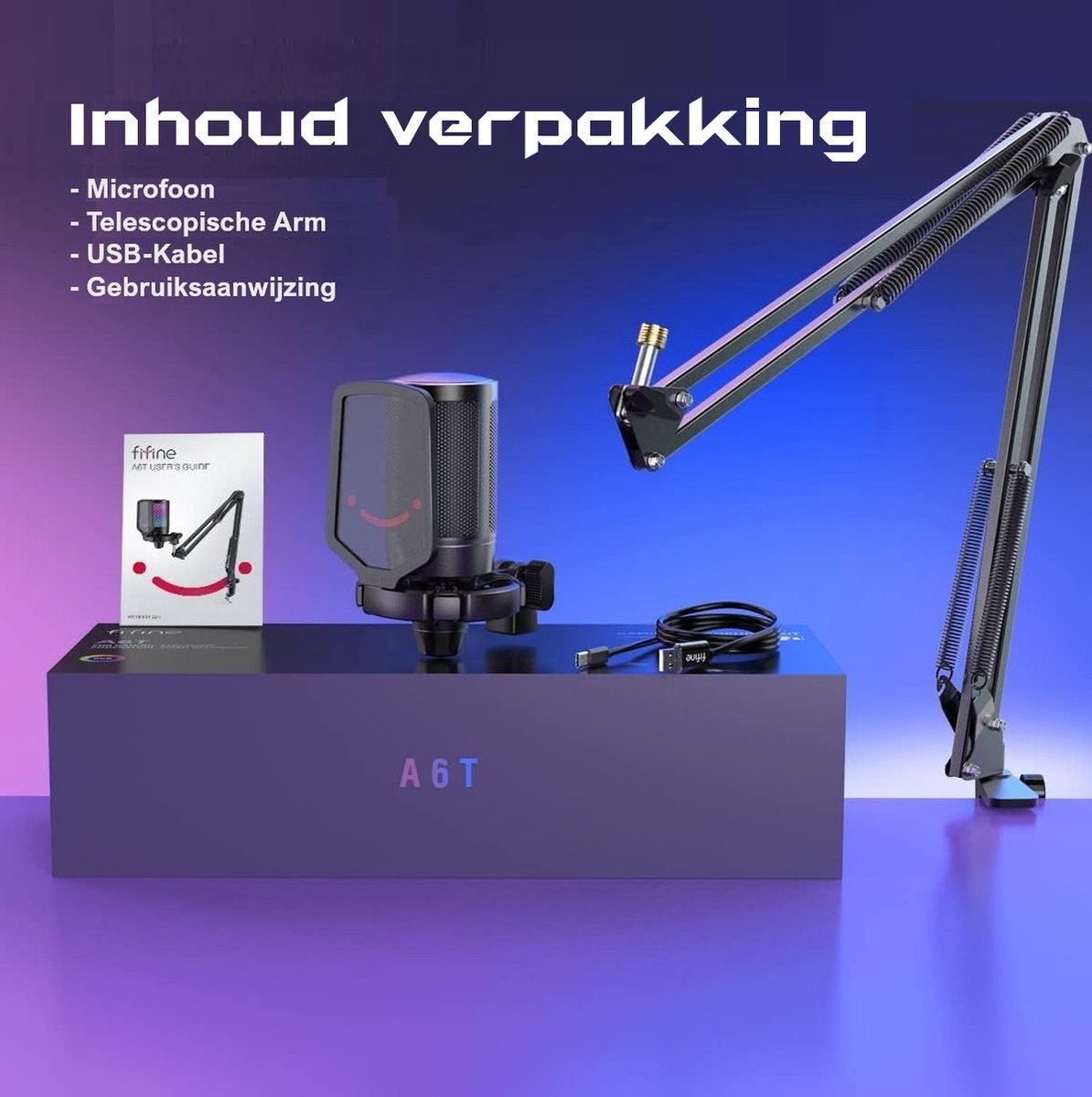 Een microfoonkit met telescopische arm, USB-kabel en handleiding, gepresenteerd op een paarse doos. Achtergrond is blauw en paars.