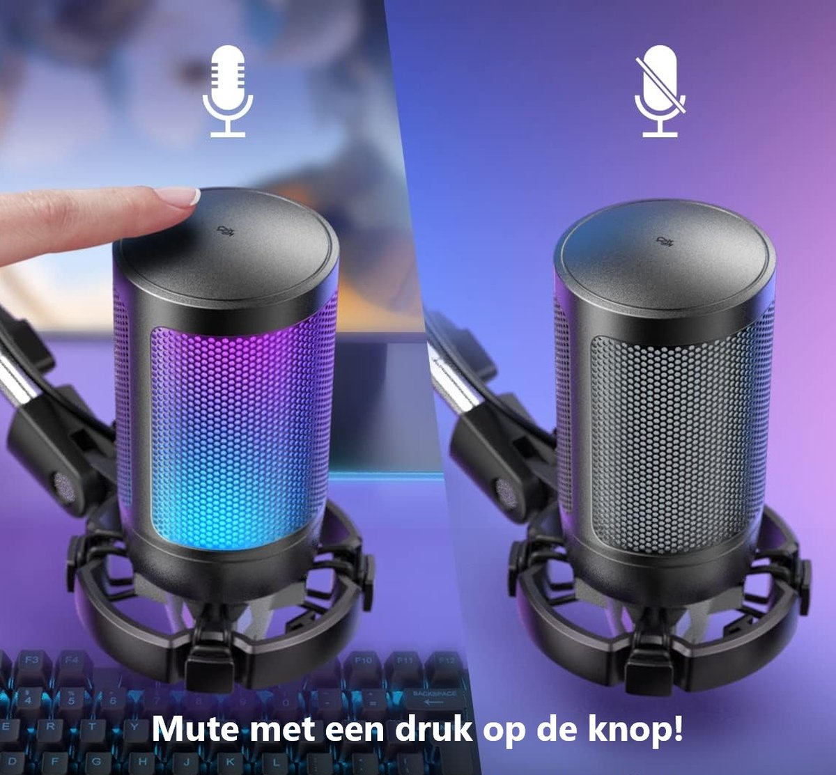 Een hand raakt een microfoon aan. De microfoon heeft een kleurrijk licht en staat op het toetsenbord, met de tekst: Mute met een druk op de knop!