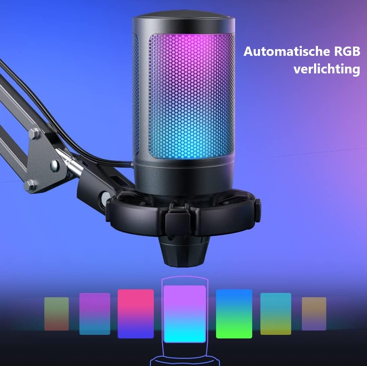Een microfoon met RGB-verlichting. De microfoon is zwart en heeft een gaasrooster. De achtergrond is blauw en paars.