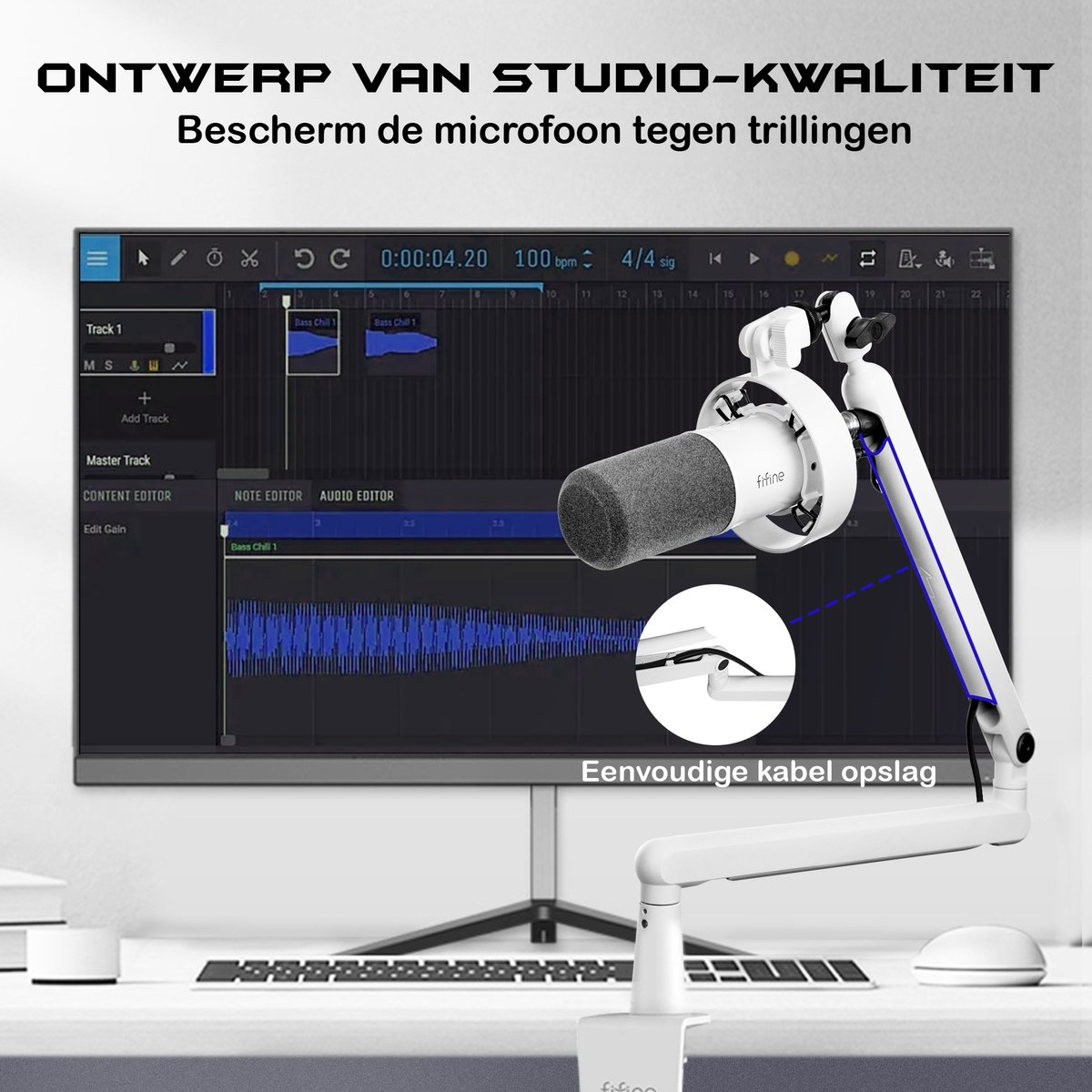 Een witte microfoon met een grijze hoes voor een computerscherm met audiobewerkingssoftware. Tekst: 'studio kwaliteit'.