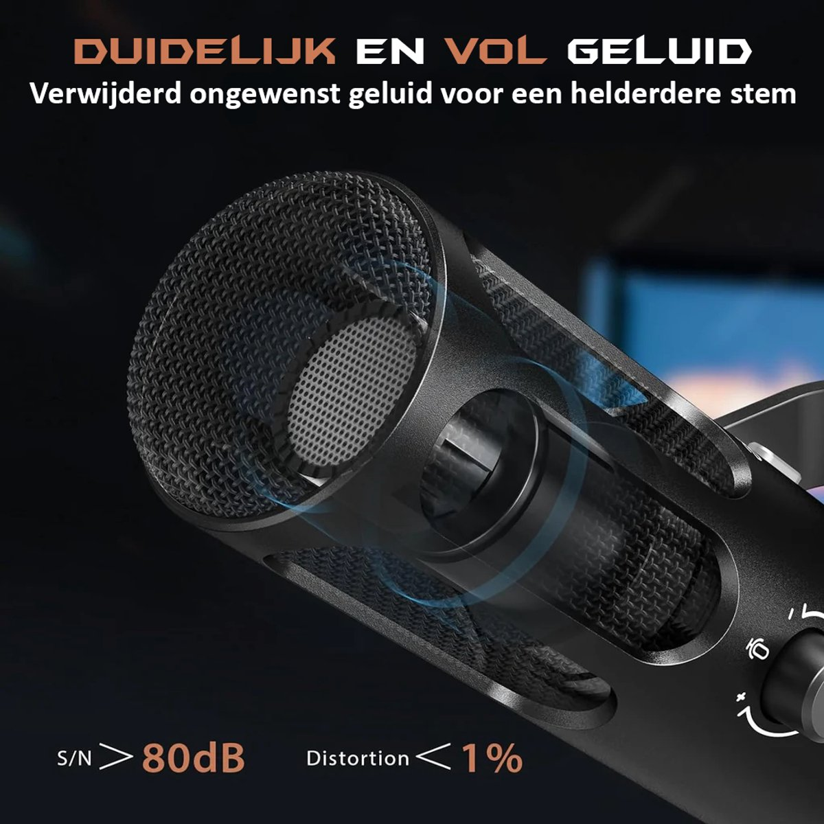 Close-up van een zwarte microfoon met een mesh-hoes. Tekst bovenaan: 'Duidelijk en vol geluid'. S/N <gt/>80dB, Vervorming <lt/>1%.