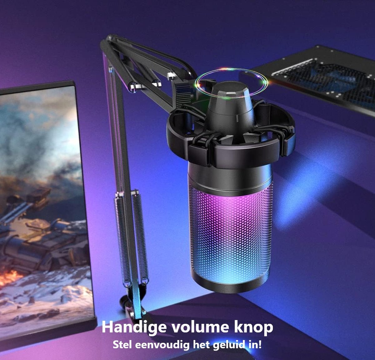 Een zwarte microfoon met kleurrijke lichten, gemonteerd op een standaard. Een computermonitor is links en een computercomponent rechts te zien.