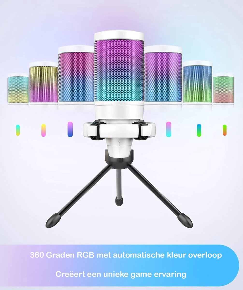 Een microfoon met RGB-verlichting staat op een statief. De achtergrond heeft andere microfoons en kleurenindicatoren.