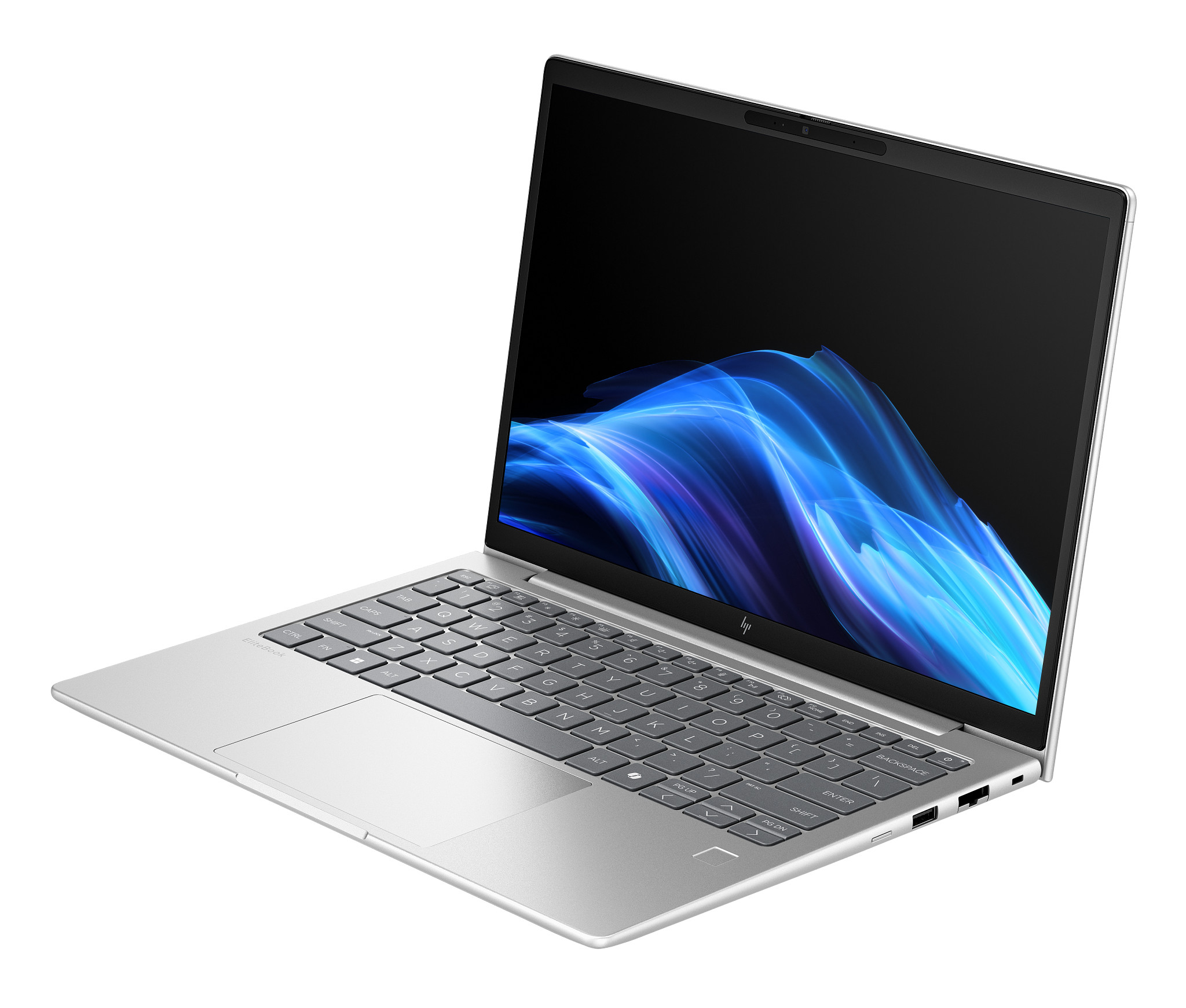 Zilveren laptop met open scherm, met een blauw en wit ontwerp. Toetsenbord zichtbaar met het HP-logo.