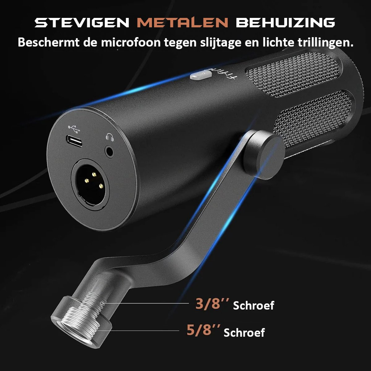 Een zwarte microfoon met tekst: 'STEVIGEN METALEN BEHUIZING'. Toont de schroefmaten 3/8'' en 5/8''.